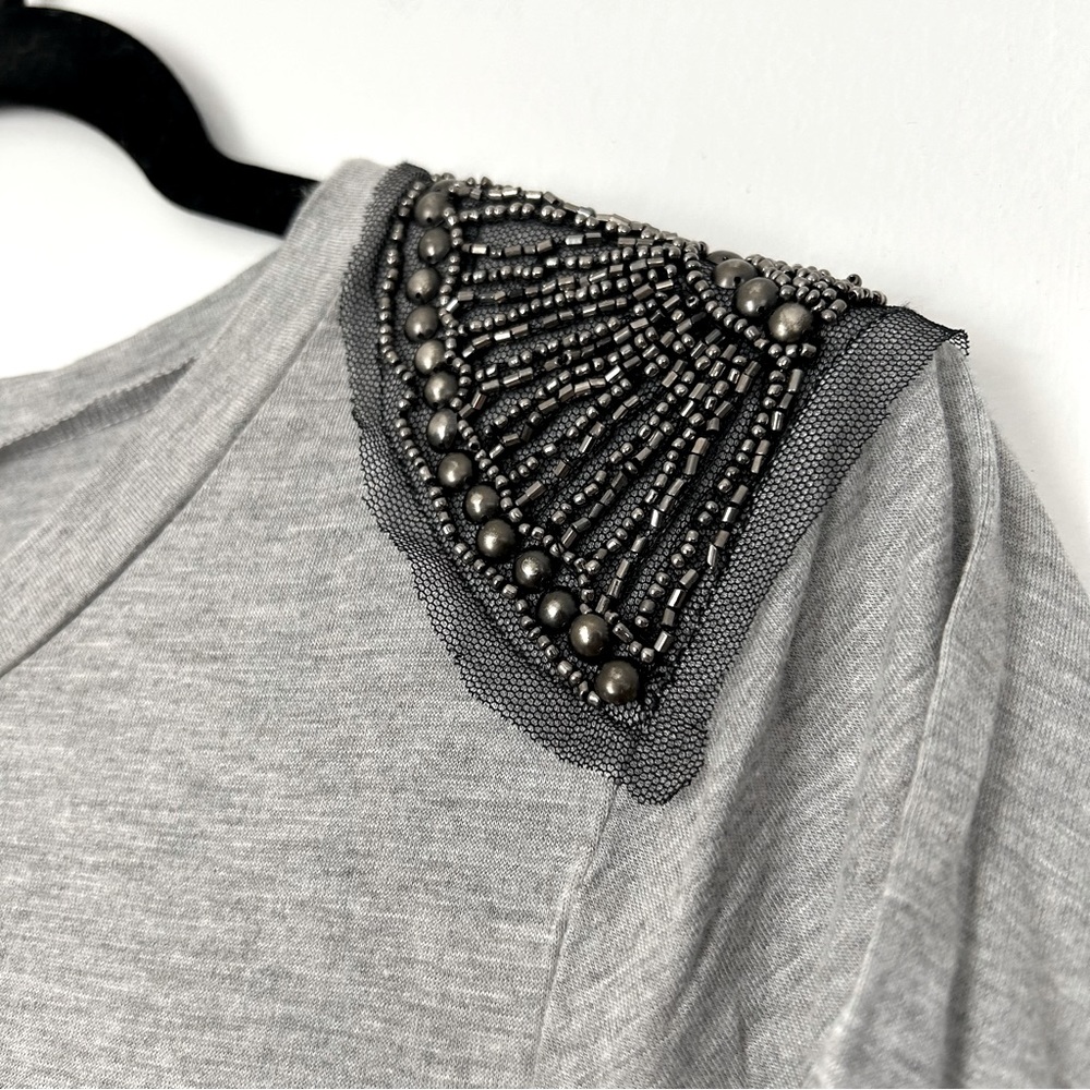 Aqua Embellished Beaded Shoulder Grey Top Women’s Size Large